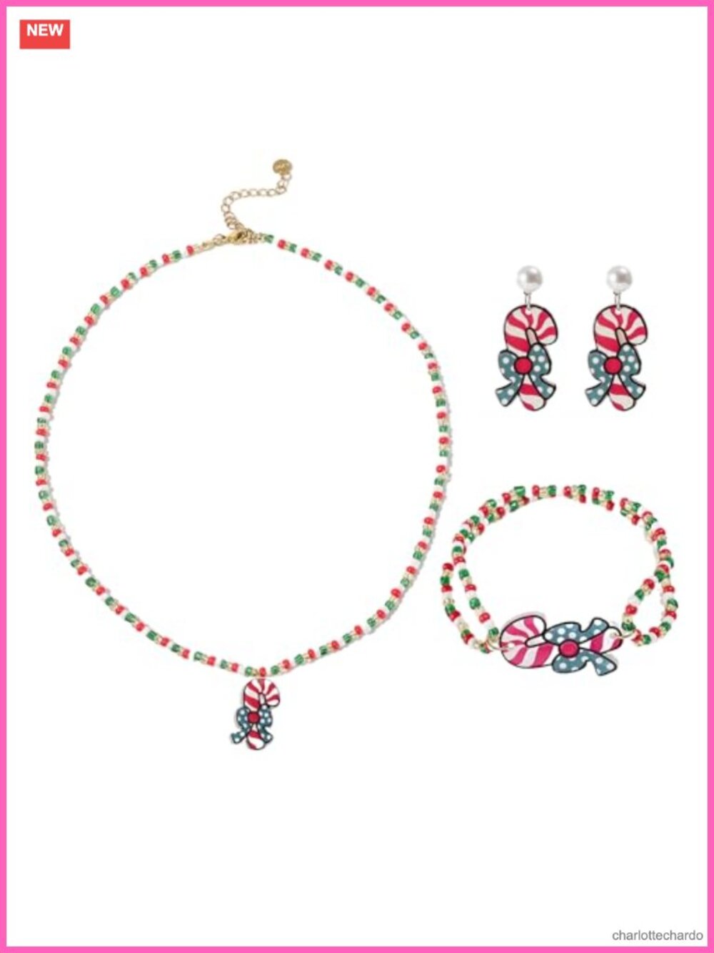 3-Piece Christmas Candy Jewelry Set Beaded Necklace Earrings Bracelet